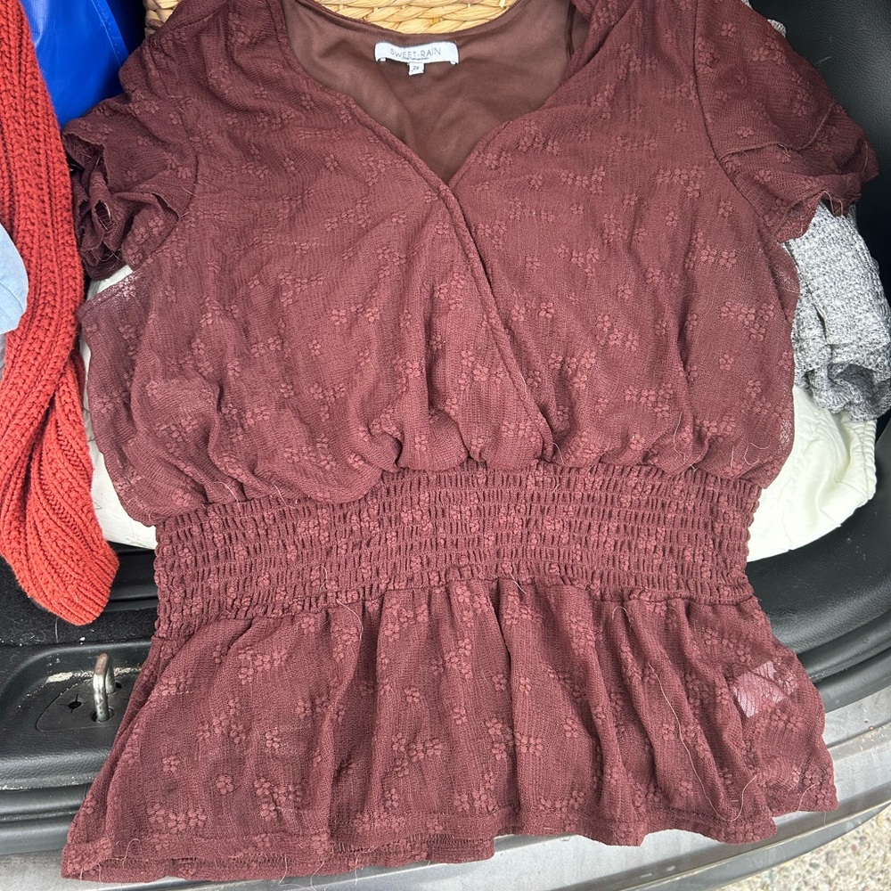 Sweet Rain Mauve Brown Smocked Waist V-Neck Blouse